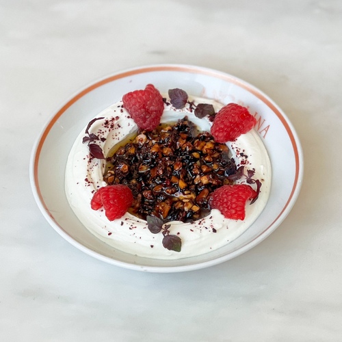 Labnah - Traditional&nbsp;labneh, dried berries sauces, fresh raspberries.