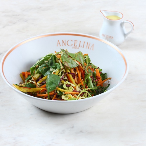 Continental salad - Carrot, sweet potato, red and white cabbage, arugula, mango, Asian dressing, coriander.