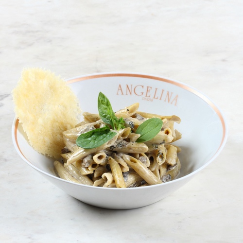 Penne alfredo - Classic mushroom alfredo sauce, penne pasta, parmesan crisp.