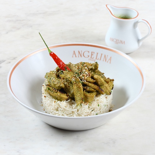 Chicken green curry - Thai marinated chicken, green curry sauce, mixed roasted seeds, coriander. Choice of jasmine or basmati rice.