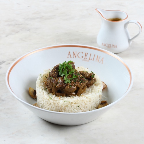 Beef stroganoff - Stewed beef, classic stroganoff sauce, sauteed mushrooms, parsley. Choice of jasmine or basmati rice.