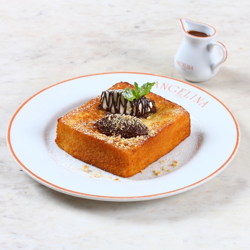 Brioche pain perdu choco-praline - Brioche bread French toast, hazelnut praliné, chocolate sauce, mascarpone cheese.