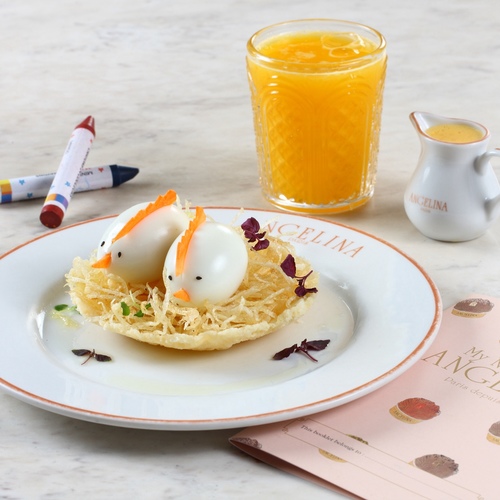 BOILED EGGS IN THE NEST - Parmesan cheese basket, boiled eggs,&nbsp;hay potatoes, carrot combs, cheese sauce