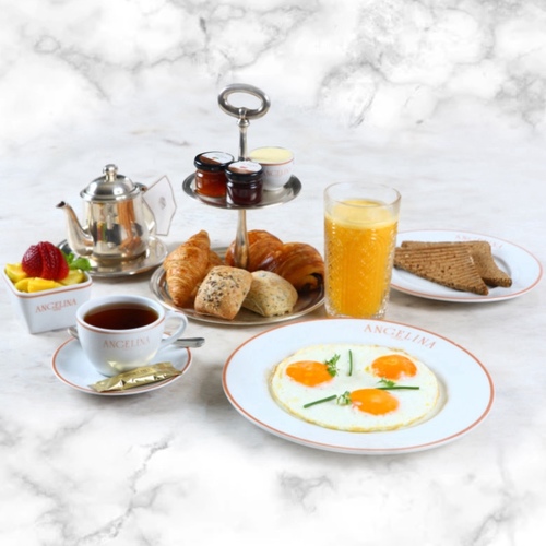 ANGELINA breakfast - Your choice of tea, coffee, or Angelina hot chocolate. Freshly pressed orange juice. Bread selection and French butter, mini-viennoiseries. Artisanal jams and honey. Eggs cooked to your choice, scrambled, fried “sur le plat”, soft boiled or omelette. Fresh fruit salad.