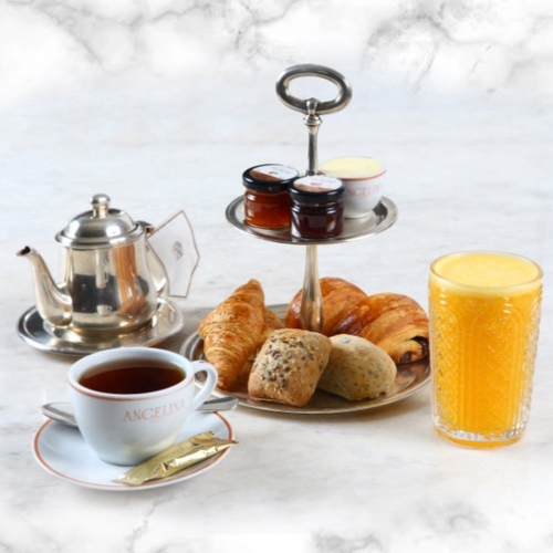 Parisian breakfast - Your choice of tea, coffee, or Angelina hot chocolate. Freshly pressed orange juice. Bread selection and&nbsp;French butter, mini-viennoiseries. Artisanal jams and honey.