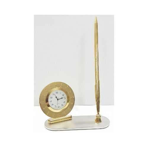 Golden Gifts co - Clock & Pen Stand (D036) - Metal Desk Stand w/Ball Pen N Cross Clock