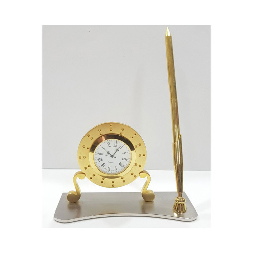 Golden Gifts co - Clock & Pen Stand (D037) - Metal Desk Stand w/Ball Pen N Clock w/legs