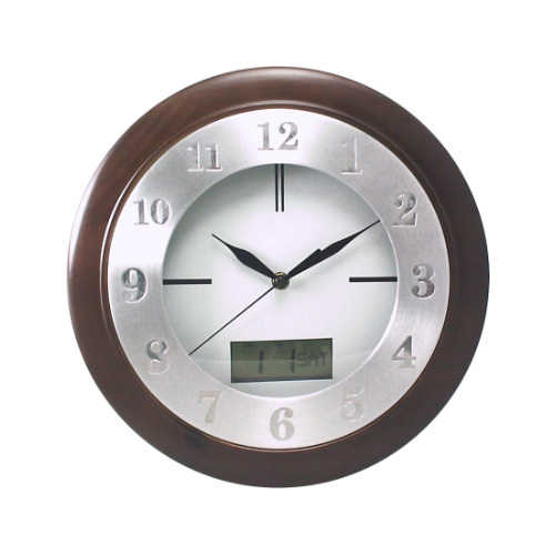 Wall Clock (C219) - Wall Clock Wood/Aluminum Round w Digital Date