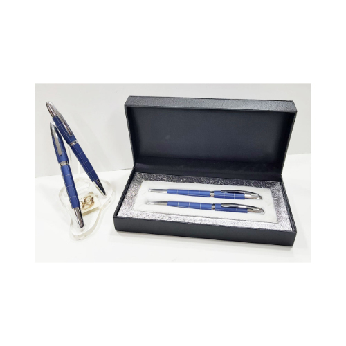 Metal Pen Set (PE044) - Ball Pen N Rolleng Pen Blue Lining w/ Chrome