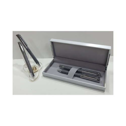 Metal Pen Set (PE063) - Pen Set of Ball N Roll Pen Chrome w/Gray Leather