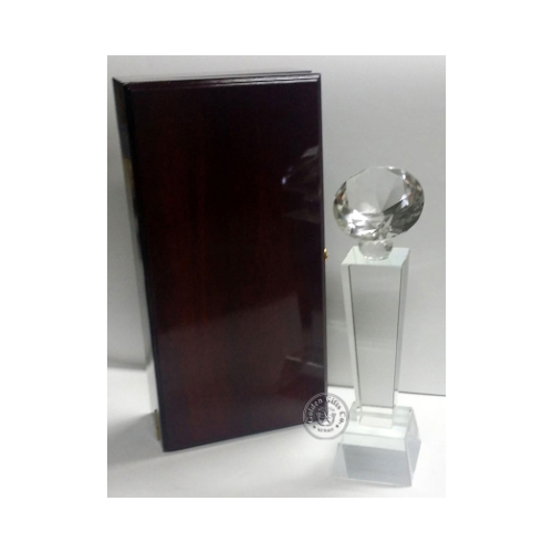 Golden Gifts co - Big Trophy (T407) - Crystal Trophy Diamond Shape Clear Base with wooden box 
 * In case of printing option, Kindly after completing your order send us your requested Picture to be printed on through our WhatsApp No. 97172071, Know that it will take 7-10 working days to be delivered