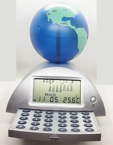 World Clock with Calc. (E037) - Global Rotating Worldtime, Calendar & Calc., Silver