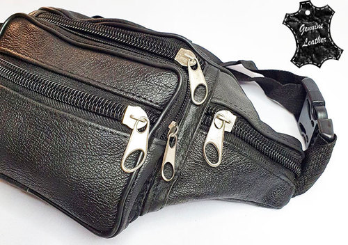 Waist Bag (PO057) - Waist Bag Real Leather Black w/ 1 zippers