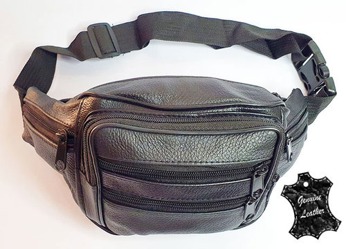 Waist Bag (PO058) - Waist Bag Real Leather Black w/ 2 zippers