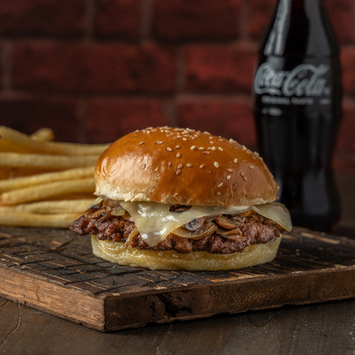 Mushroom Swiss Meal - Fresh potato bun, mayonnaise, grilled onion, grilled mushroom & swiss cheese.