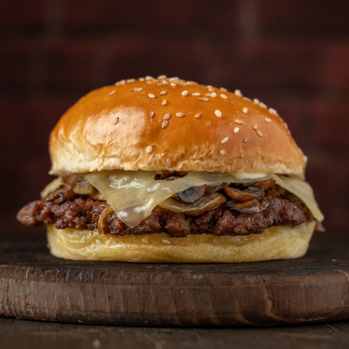 Amigos Burger - Mushroom Swiss - Fresh potato bun, mayonnaise, grilled onion, grilled mushroom & swiss cheese.