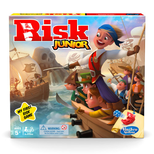 Risk Junior - INTRO TO THE CLASSIC RISK GAME: The Risk Junior board game is a great way to introduce kids to the strategy gameplay of the classic Risk game. The game is for kids ages 5 and up; for 2 to 4 players PIRATE THEME: The Risk Junior game's pirate theme has kids moving their pirate ship tokens around the board, competing for treasure and control of the islands LAUNCH THE DICE: Place, press, launch. To battle another player to claim an island and its treasure, players put a die in their pirate ship, press the lever, and launch it to discover the next move GAME OF STRATEGIC CONQUEST: Move pirates on to islands, defend territories, and control of treasures. The player with the most treasure and islands at the end of the game wins MY FIRST RISK GAME: The Risk Jr. game is a great way to introduce kids to the classic strategy board game. It makes a great gift for kids ages 5 and up