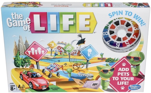 The game of life - Description: For 2 to 4 players. Ages 8 and up. The Game of Life is a classic game of chance. Choose careers, financial moves and other choices. Imported from USA. Product Description: Do you have what it takes to win The Game of Life? You do it by choosing the life you want! Go to  college, take the family path, have kids, or see what happens when unexpected twists change the game. Will you receive a fortune and lose it as quickly as you got it? Will you need a bank loan to pay a debt? Once everyone reaches the end of the game at retirement, everyone pays their debts and adds up their wealth. The player with the most money wins the game, so make sure it’s you! It’s all your choice when you play The Game of Life!  The Game of Life and all related characters are trademarks of Hasbro. 
 Includes gameboard with spinner, cards, Spin to Win tokens, cars, and money pack.