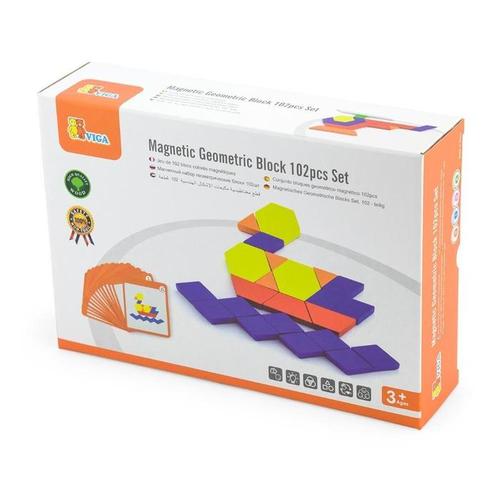 Viga- Magnetic Geometric Block (102 Pcs) - Includes 102 Geometric Blocks and pictures cards Pictures cards give you a shape or form to createEncourage creativity by allowing children to create from their imaginationSuitable for age 3 years +