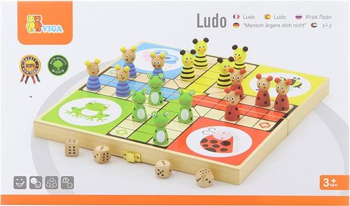 Viga- Ludo - Description:
A classic game of Ludo for 2 to 4 players.
 Open the wooden box and turn it over to make a nice board.
 Comes with 16 wood tokens ( 4 pcs. each of 4 animals) and 4 dices. Enjoy the fun playing with your friends of family. Simply roll the dice and move your coloured pieces around the board accordingly.
 First player to get all of their individual pieces around the board and up to the center is the winner.