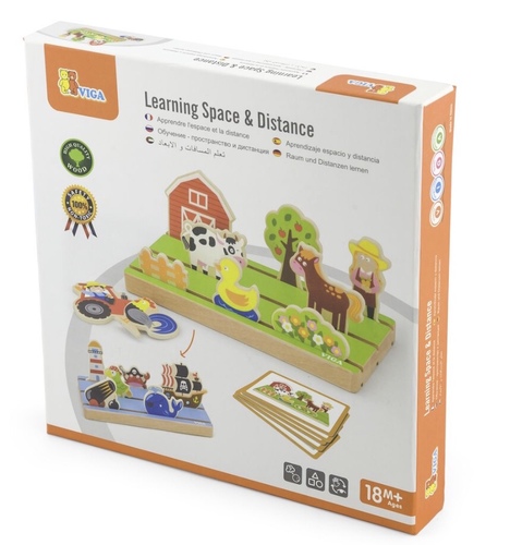 Viga - Learning Space and Distance - Description:This learning space and distance toy is made of solid wood. It contains 6 blocks and a base pad with grooves. Children can feel free to put these blocks into the grooves and create whatever a layout they want. A general space and distance idea can be roused when children play with this toy.