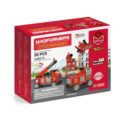 Magic Magnetic Amazing Rescue Set – 50pcs - Description: Makes over 50 different suggested fire and rescue vehicles and buildings.
 Includes firefighter figures, extendable ladder, transforming rotor blades.
 Piece size guide: standard squares (6cm/2.5 inches wide), triangles (5 cm at base).
 Make and transform models including a fire station, emergency command centre, rescue chopper and target response vehicle – in total over 50 recommended amazing fire and rescue-themed models.
 Magformers’ magnetic shapes always securely attach. Pieces are made from a specially-toughened ABS plastic and small neodymium magnets are safely sealed in the edges of each piece. But because they are free-spinning, they always connect and never repel when two pieces are brought together.
 Magformers are tested and approved in quality and safety standards all over the world.