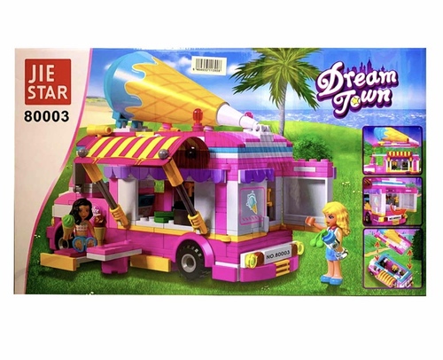 JIE STAR- Dream Town summer ice cream car (470 pcs) - Description: Dream Town Summer ice cream car with 470 pieces assembly parts with ice cream shop accessories. The block helps children to develop their imagination and creativity.