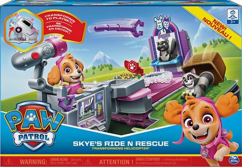 Paw Patrol Skye's Ride N Rescue Transforming Helicopter Vehicle Playset - The Paw Patrol Ride N Rescue Vehicle Playsets  lets your child join Skye in saving the day!  When people need saving, let your child transform Skye’s helicopter by pushing the PAW Patrol badge.  Your child can activate the flip-open side doors and reveal the turbines with lift-up wings and spinning propeller, Skye’s helicopter brings all the excitement of PAW Patrol to life.