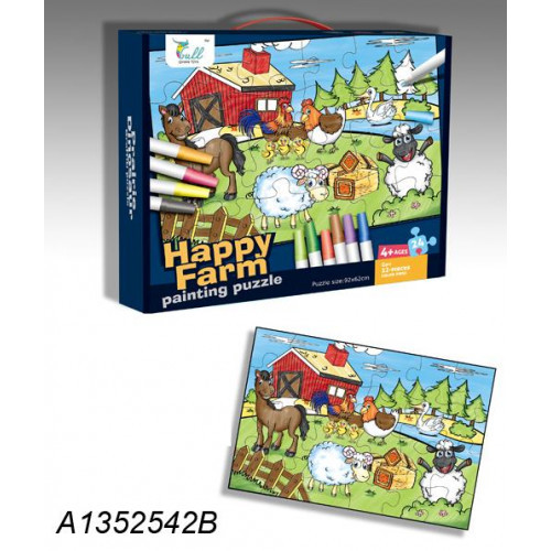 Farm painting puzzle - Color and put together the happy farm 24 puzzle pieces.