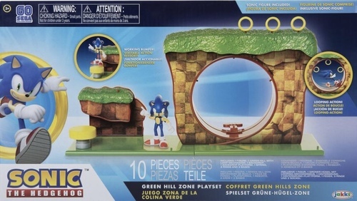 Sonic The Hedgehog- Green Hill Zone Playset - Kids can make up their own stories base upon this classic level from the Sonic the Hedgehog video games! Included in the set are a 2.5 inch scale Sonic figure and environment pieces with working mechanisms. Make Sonic run fast through the loop by attaching him to the peg, and bounce off the working bumper. Includes pegs to display the three included rings, or additional two and half inch scale figures. Suggested for Ages 3+.