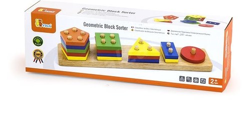 Viga- Geometric Block Sorter - Learning different shapes and stacking is loads of fun! This colourful and engaging Geometric Block Sorter by Viga is packed full of educational benefits for your child.  The Geometric Shape Sorter consists of a wooden stand with vertical rods to match shapes including 5 rods to place pentagon, 4 rods to place square, 3 rodes to place triangle, 2 rods to place rectangle and 1 rod to place circle. The number of holes in each shape relates to how many sides the shape has. 
 All paints and inks used are non toxic and wooden toys are compliant with EN71, ASTM, ST2002 and GB6675 toy safety standards. 
 Age: 2 Years +