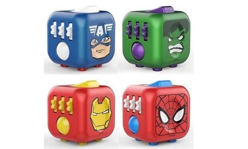 Fidget Cube- Marvel - Fidget Cube™ has six sides. Each side features something to fidget with: Click. Glide. Flip. Breathe. Roll. Spin