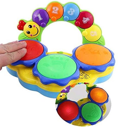 Portable Hand Drum Toy - ★【Feature】5 keys with number and 3 drums have various bright colours. Press keys and drums to hear beautiful music or funny sounds based on the mode chose, and to see lights emitted from drums. The handle of drum can be folded forward and backward. The portable characters allow the drum to accompany and entertain children anywhere.