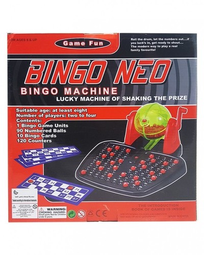 Bingo Neo - Includes 1 bingo unit, 90 numbered balls, 10 bingo cards, 120 counters.Great to play together as a family or as a party game.Number of players are two to four.