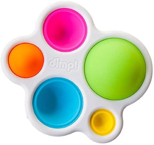 Simple dimpl - A beautiful keep-their-attention toy; features 5 vibrant Silicone Bubbles built into a plastic frame Simple yet brilliant; push and pop them, Poke and grab them; a perfect, portable sensory delight Great for babies and toddlers ages 10 months+; BPA-free; Bubbles made of 100% food-grade silicone Engages the senses; Encourages fine motor skills, sensory exploration, cause-and-effect learning