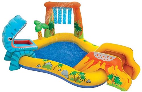 Intex Dinosaur Inflatable Play Center & pool - About this item2.49 x 1.91 x 1.09 m  Water flows to palm tree sprayer and waterfall adjusts with control valve Landing mat for extra padding Drain plug in pool floor Capacity: 57-gallon Comes with repair patch