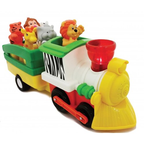 KIDDIELAND ACTIVITY TRAIN SAFARI WITH ANIMALS - Motorized train moves forward and auto-stops with realistic train engine sounds, lively music and flashing lights. includes 6 removable animals to play rewarding sounds when put in place.   Requires 3 x AA batteries