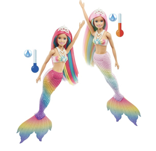 Barbie rainbow magic mermaid - Description Height 38.95cm Suitable for years 3+ It can change color  the Dreamtopia mermaid is ready and waiting to hit the waves with her rainbow-coloured tail and flowing hair. How is she styled? She’s bejewelled with myriad luminous pearls and a colourful bodice (perfect for swimming or sparkling in the sun)