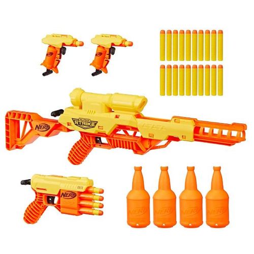 NERF Alpha Strike Battalion Set - 33 pcs - HighlightsSTART BLASTING WITH NERF ALPHA STRIKE BLASTERS: Alpha Strike blasters are a great way to start experiencing the power, performance, and excitement of Nerf, the number one blaster brand*33-PIECE BATTALION SET: Get a Nerf game going with this 33-piece set that includes 2 Stinger SD-1 blasters, 1 Wolf LR-1 blaster, 1 Fang QS-4 blaster, 4 half-targets, and 25 dartsSET UP TARGETS DIFFERENT WAYS: Includes 4 half-targets that you can set up different ways, and you can also attach them to create 2 full targets25 OFFICIAL NERF ELITE DARTS: Includes 25 Official Nerf Elite darts that are tested and approved for performance and quality and constructed of foam with flexible, hollow tips