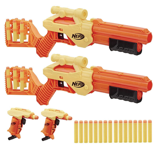 NERF Alpha Strike Battalion Set gun - 30 pcs - Description  Start blasting with Alpha Strike blasters from Nerf, the number one blaster brand*! If you’re new to the Nerf brand, Alpha Strike blasters are an awesome way to get into adrenaline-pumping Nerf battles and experience the power and performance of the Nerf brand. They’re easy to use so first-time battlers can begin blasting fast. And if you’re already a Nerf fan, these blasters make great additions for your Nerf collection!
 Get into Nerf games with this big 30-piece multi-pack that includes 2 Stinger SD-1 blasters, 2 Lynx SD-1 blasters, and 26 Official Nerf darts! Go one-on-one or break into teams -- choose your blaster and let the Nerf battles begin! These single-shot blasters are easy to load, prime, and fire and with 26 darts, there’s plenty of firepower for reloading! Official Nerf darts are tested and approved for performance and quality and constructed of foam with flexible, hollow tips. No batteries required. 
 2 STINGER SD-1 BLASTERS: Load, prime, and fire each single-shot Stinger SD-1 blaster in 3 quick steps to blast 1 dart at a time 2 LYNX SD-1 BLASTERS: Each Lynx SD-1 blaster has break-open single-dart loading, a scope to focus your aim, and a stock with dart storage 
 Ages: 8+ CAUTION: Do not aim at eyes or face. TO AVOID INJURY: Use only with official NERF darts. Other darts may not meet safety standards. Do not modify darts or dart blaster. WARNING: CHOKING HAZARD – Small parts may be generated. Not for children under 3 years.