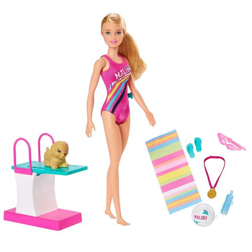 Barbie  Dreamhouse Adventures Swim ‘n Dive Doll - DescriptionDive into storytelling with Barbie® Swim 'n Dive™ doll, inspired by Barbie™ Dreamhouse Adventures, in swimwear with sporty stripes and shimmery accents. When she's ready to hit the water, press the lever on her waist to see her legs move and play out 