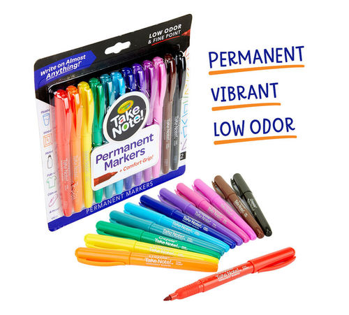 Crayola Take Note Permanent Markers, 12 Count - Take note permanent markers: 
this 12 count set gives you color variety for drawing, coloring, crafts, or simple labeling projects. Quick dry fine point markers: 
The versatile tip of these markers, their quick dry technology and comfort grip, make them ideal for a variety detailed art projects. Crayola colors: 
Each take note permanent marker has its own color name listed on the barrel. Color virtually everywhere: 
The beauty of permanent markers is that they work on a variety of surfaces including posters, coloring pages, brown paper lunch bags, foam core, and more. Safe and nontoxic