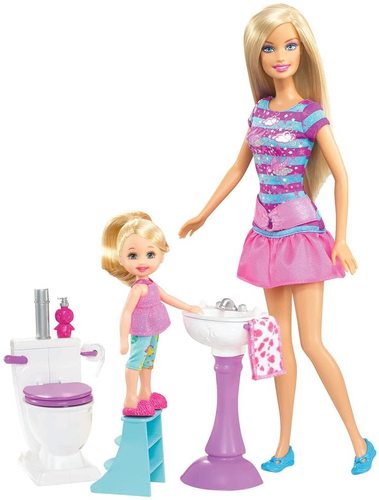 Barbie I Can Be Babysitter Playset - Play out the role of babysitter (potty training) with Barbie & Kelly-themed playset plus online content. Code inside package unlocks career theme content online. Features Toilet flushing sound and dirty/clean toilet change. Includes babysitter doll, toilet, sink and stool.