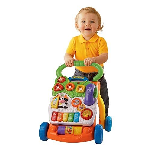 VTech Sit-to-Stand Learning Walker - DescriptionInteractive learning baby Walker has a removable play panel Early learning center has 5 piano keys that play music and encourage creativity; wheels work on carpeted and hard floors Features 2 colorful spinning rollers, 3 shape sorters, and 3 light-up buttons that develop motor skills Pretend telephone handset and mechanical elements enhance role-play fun; 2 AA batteries are included Over 70 sing-along songs, music, sound effects and fun phrases; meant for babies and toddlers 9 months to 3 years old. Sensory development