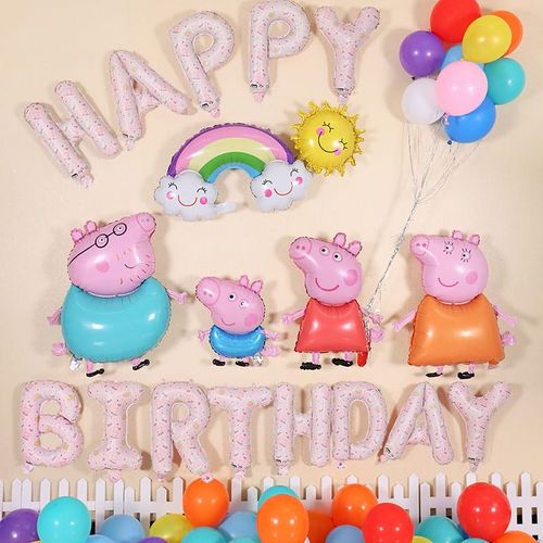 Peppa pig birthday theme - 16-inch birthday letters × 1, a family of 4 × 1, golden smiling sun × 1, rainbow clouds × 1, mixed-color matte balloon × 35, silver ribbon × 1.* all inflated with helium except happy birthday balloons