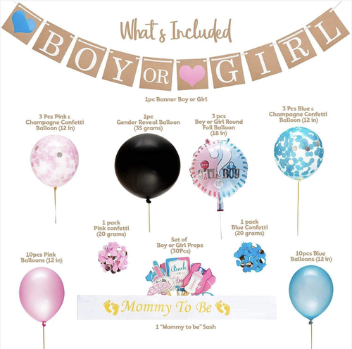 Gender Reveal Party Supplies (64 Pieces) - Very Special Kit: Hand Picked Decorations For Your Special Gender Reveal Party. Our Kit Includes Decorations To Make Your Center Stage Wow - Big Black Balloon With Confetti For The Suspense Reveal Moment, Banner, Balloons. And Entertain Your Guests - Photo Props To Get Involved In Guess Games And Have Fun.
Package Includes: 36 Inch Black Balloons,3 Boy/Girl Foil Balloons, 20 Pearlized Blue And Pink Balloons And 6 Blue And Pink Confetti Balloons.1 