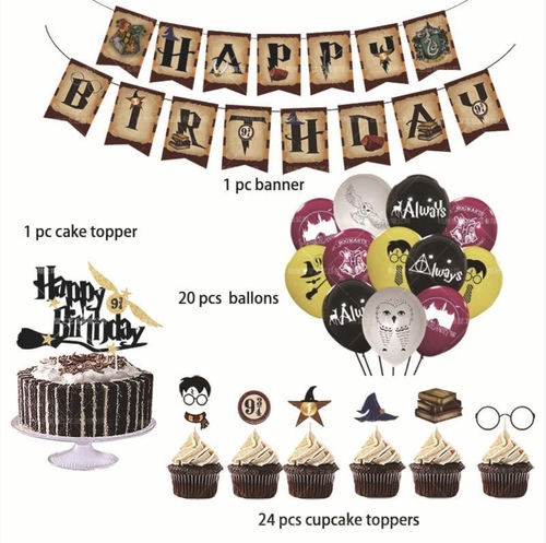 Harry Potter Birthday Party Set - Package List:


1 Harry Potter birthday banner
24 Harry Potter cake toppers
20 Harry Potter balloons 
1 Harry Potter cake topper