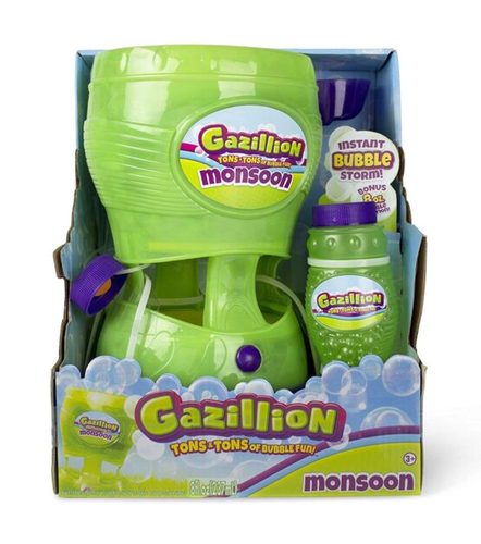 Gazillion monsoon bubbles - Create a storm of bubbles with the Gazillion Bubble machine Monsoon.With no pump and no wait time, you will be creating a gazillion bubbles in a flash.This ultimate bubble machine blows bubbles straight up in the air.Simply pour the solution into the spout, push the button, and watch in amazement as a Monsoon of bubbles blows into the sky.The Gazillion Bubbles Monsoon includes an 8 oz. bottle of non-toxic Gazillion Bubbles solution. Age:3+,5+