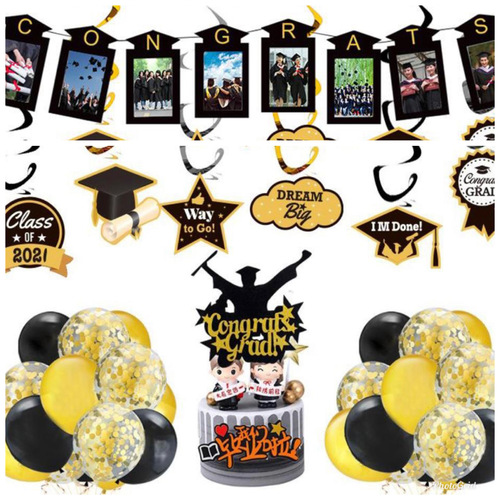 Graduation Party Set - cake flag x 1, balloon x 30 (10 black + 10 gold + 10 black), spiral charm x 6, 1x Congrats photo charms