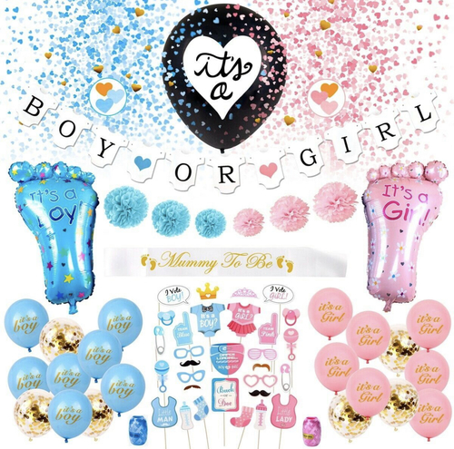 Gender Reveal Party Supplies - Package Contents:Latex Balloon*14Photo Booth*30Confetti Balloon*6Paper Pom Poms*6Foil Balloon*2Paper Banner*1Mammy to be sash *1Black Balloon Size:90CM/36